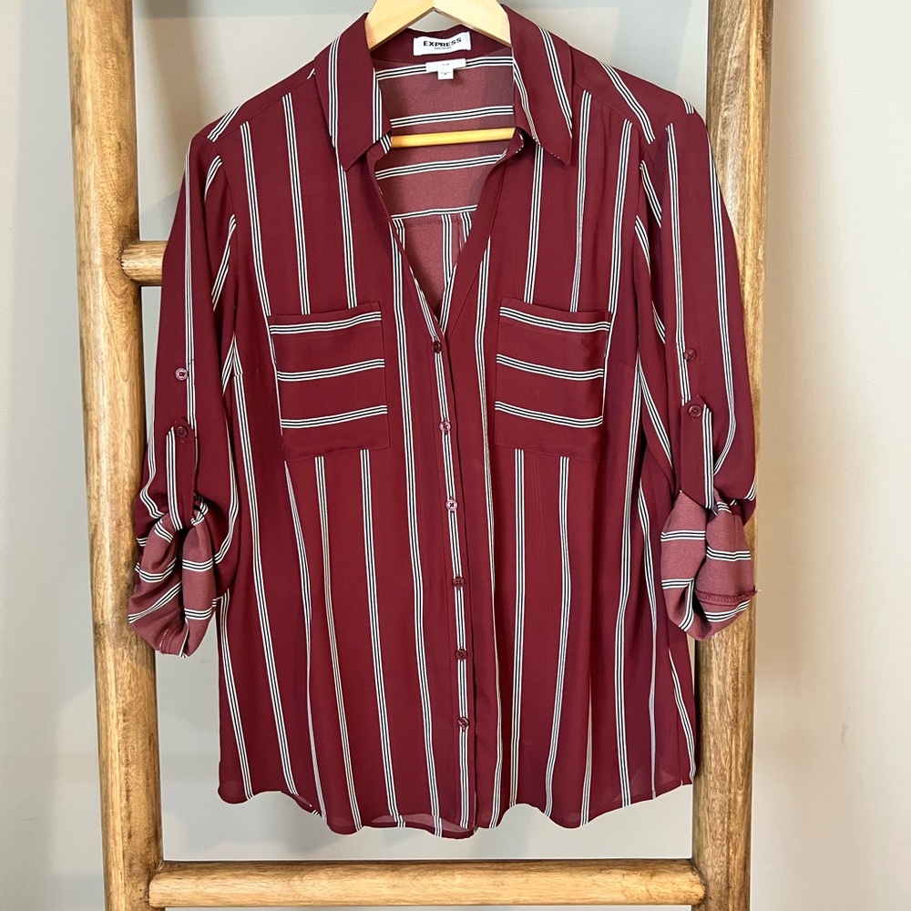 Express Portfolio Collection Burgundy Striped Button-Down Shirt